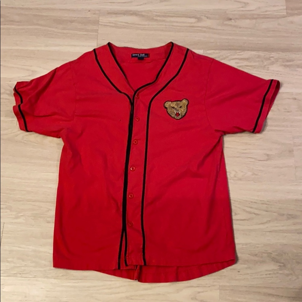 Red baseball button up tee
